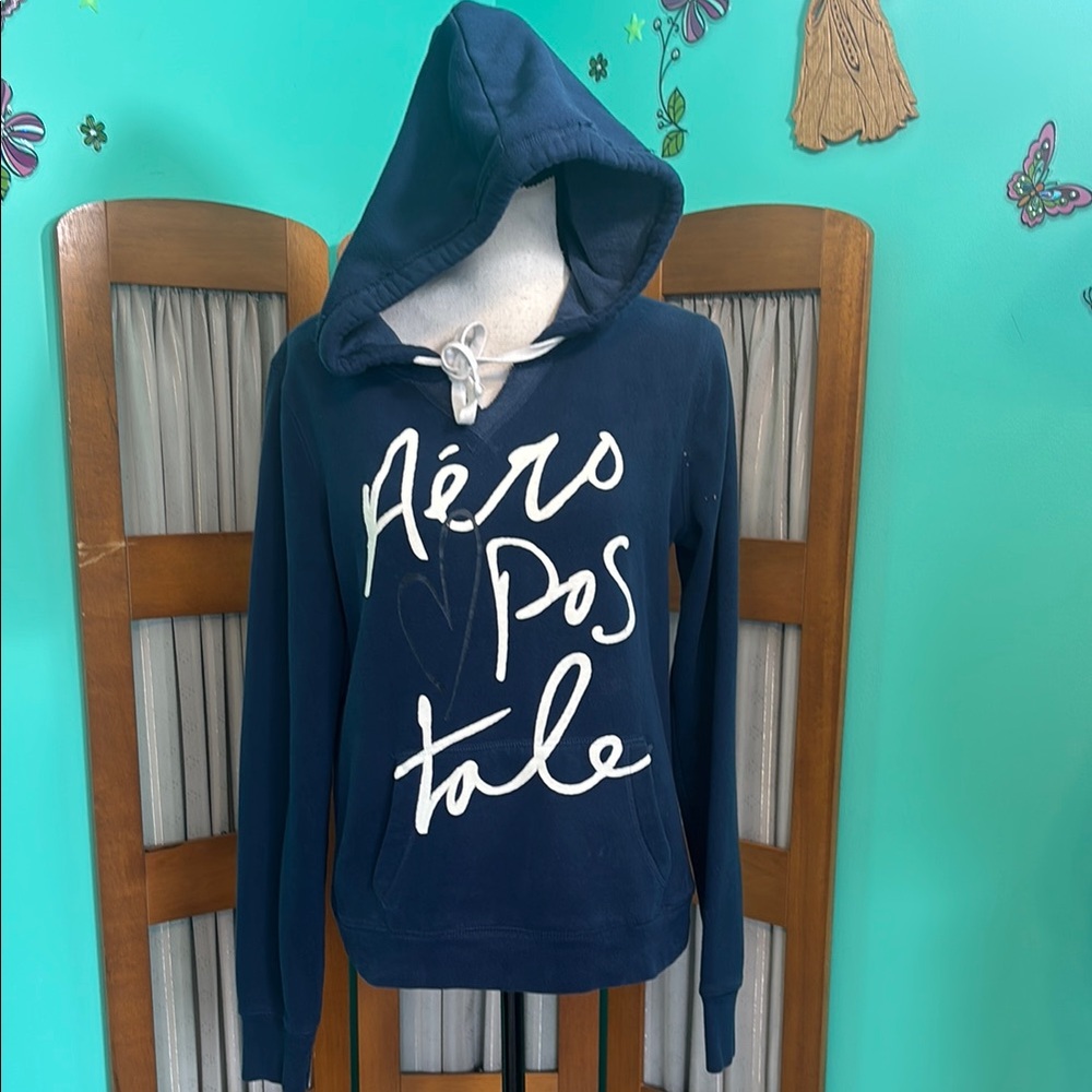 Aeropostale Blue and White Long Sleeve Hoodie